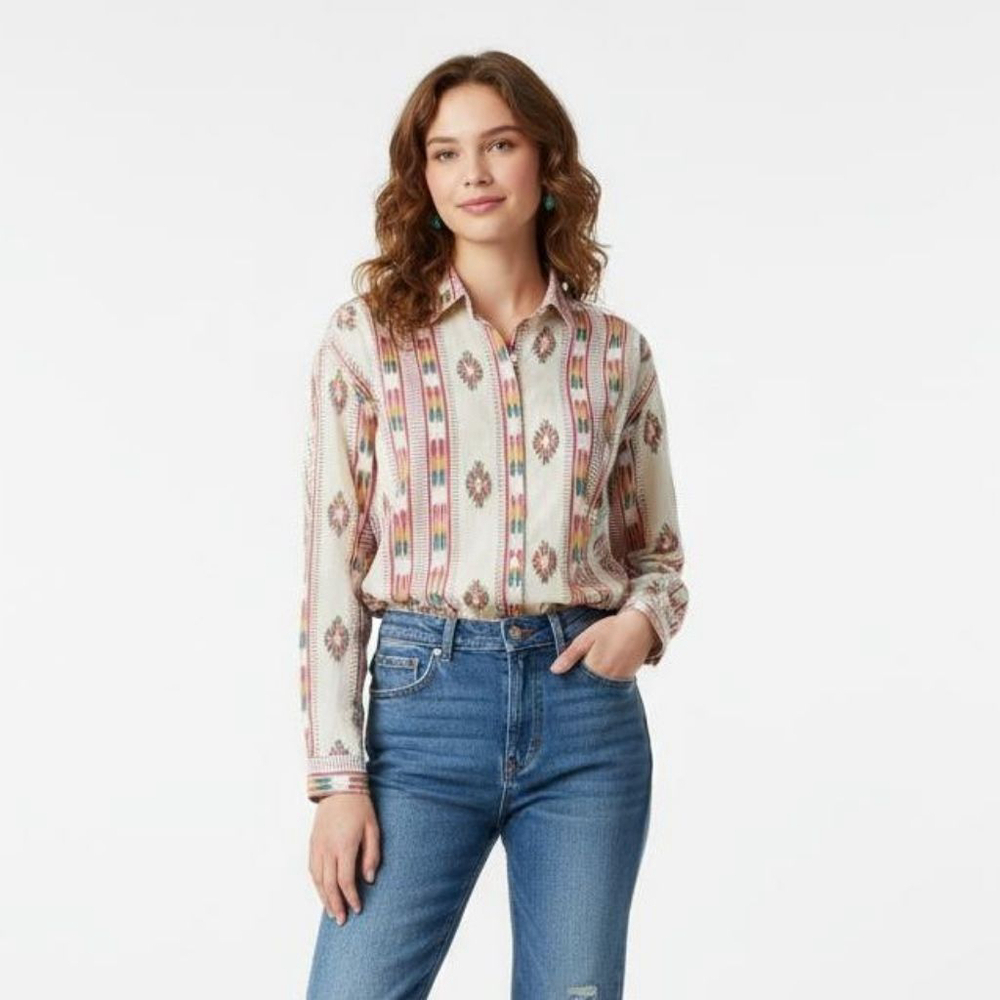 Pennylane Vintage Off-White Pink Geometric Southwest Button Down Shirt - Large